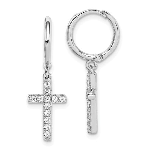 Sterling Silver Rhodium-Plated CZ Cross Hinged Hoop Earrings