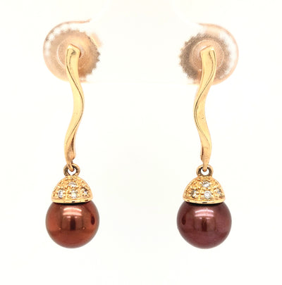 14KY  Chocolate Dyed Pearl Dangle Earring Pair