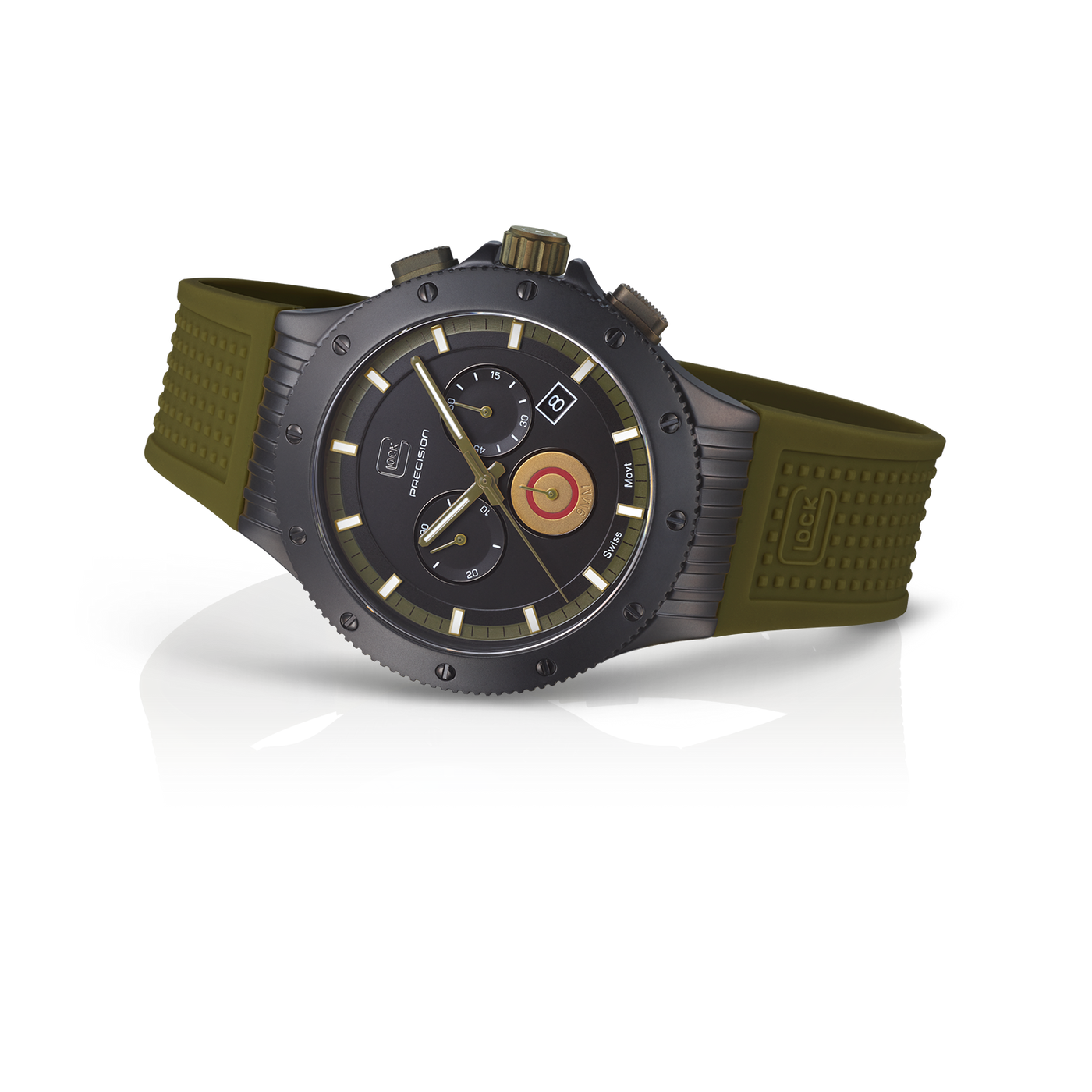 Gents Black Titanium Glock Watch with Black Dial and Green Silicone Strap