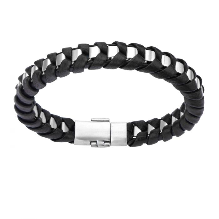 Men's Stainless Steel Matte Finished and Black Leather Thread Bracelet