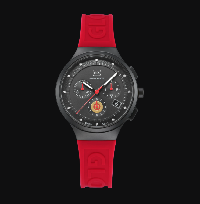 Mid-Size Black Steel Glock Watch with Black and Red Dial