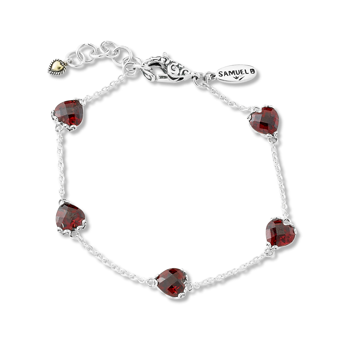 Sterling Silver 7mm Heart Garnet Station Bracelet 7in+1in ext.