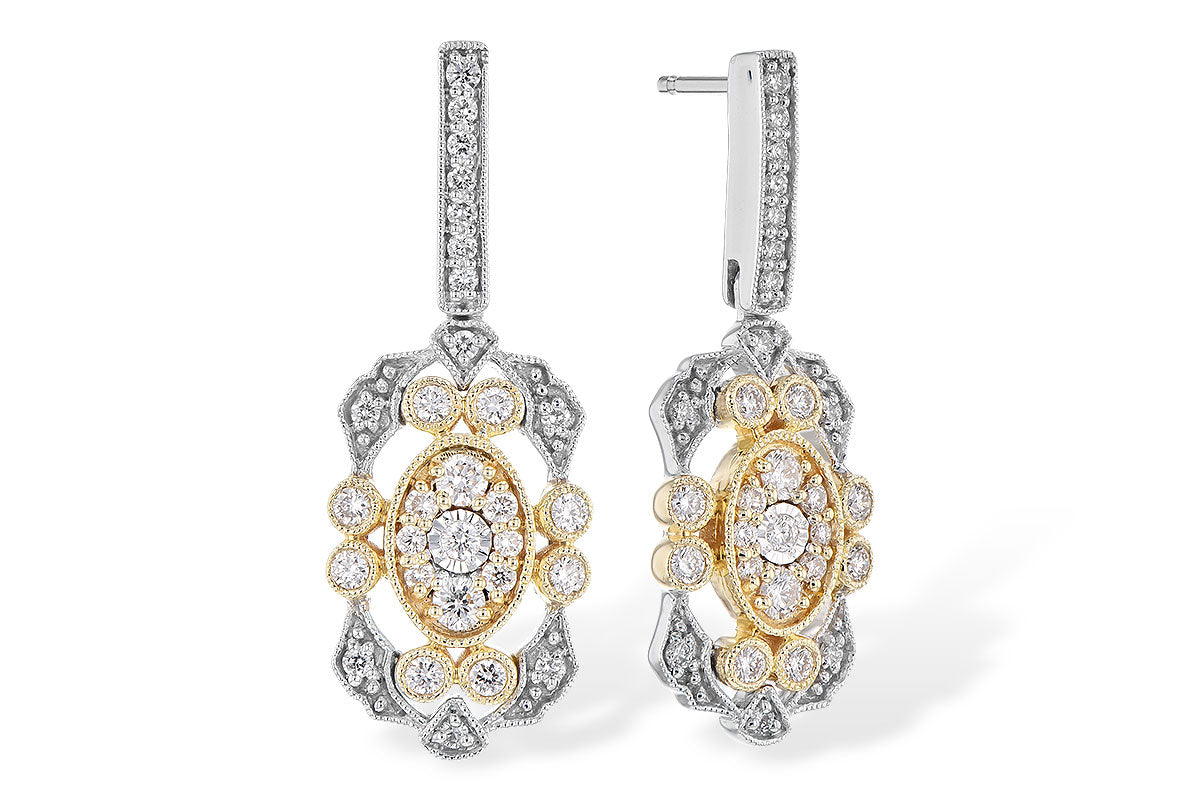 14K Two-Tone Diamond Dangle Filigree Earrings