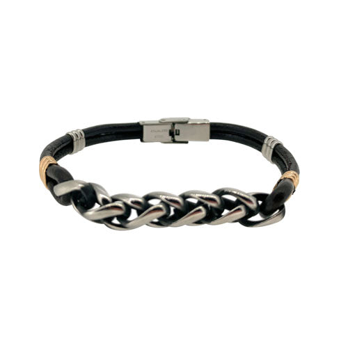 Black Leather 2 Cord Bracelet With Stainless Steel Central Wheat Chain