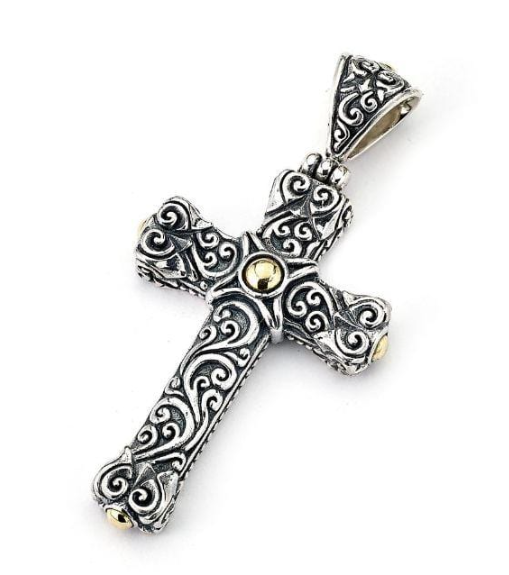 Sterling Silver 18KY Bali Design "Qua Pendant" Cross