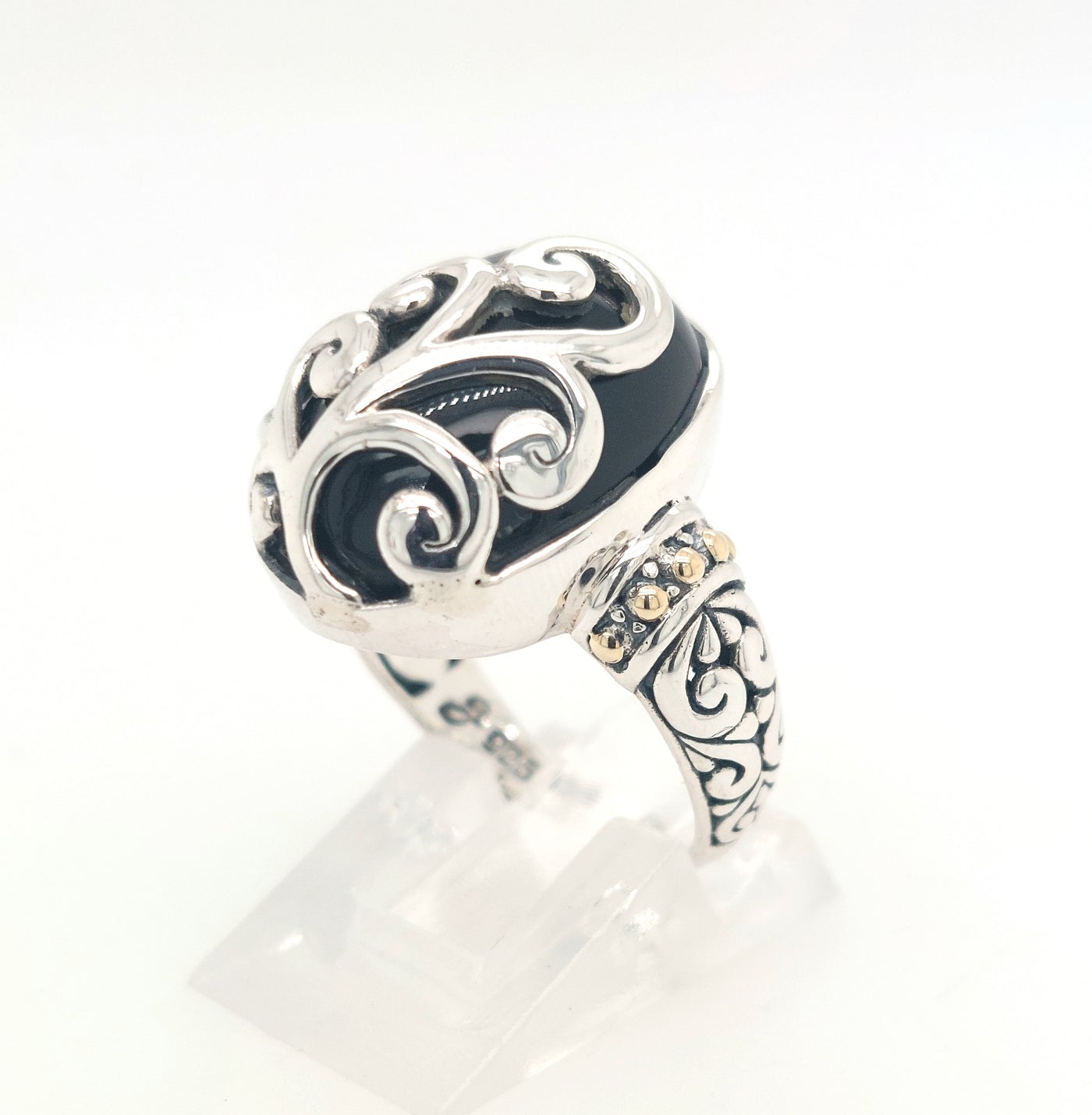 Sterling Silver and 18KY Oval Black Chalcedony "Silver Fern Ring"