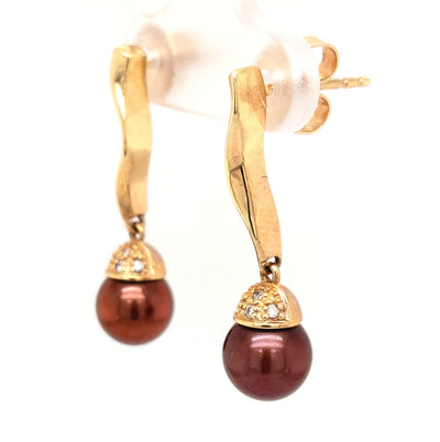 14KY  Chocolate Dyed Pearl Dangle Earring Pair