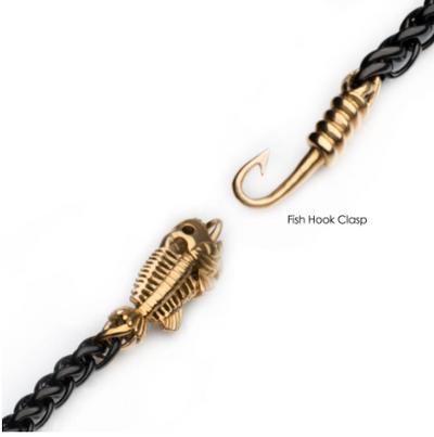 Black Stainless Steel Wheat Chain Bracelet with 18K Gold Plated Fishbone on Hook Clasp