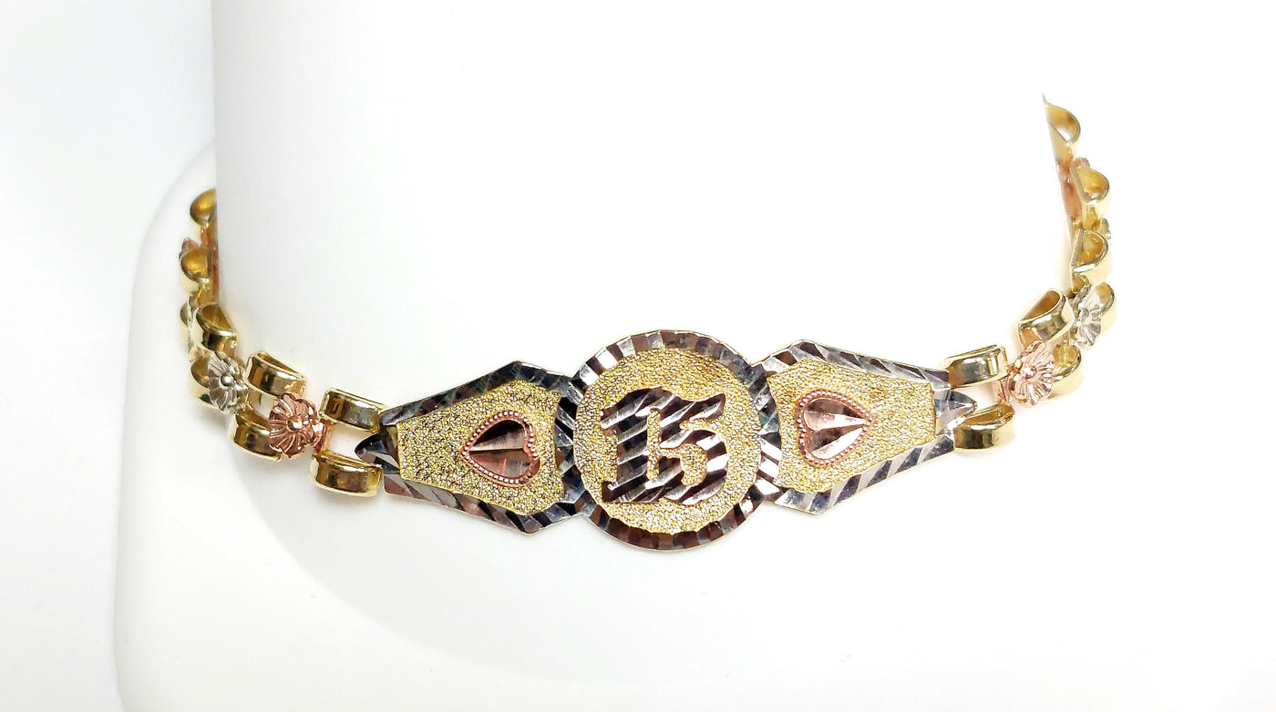 10K Tri-color gold Quinceanera "15" Bracelet