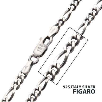 3.6mm Sterling Silver Black Rhodium Plated Satin Finish Figaro Chain, 24"