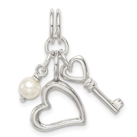 Sterling Silver Polished Key & Heart With Simulated Pearl Charm