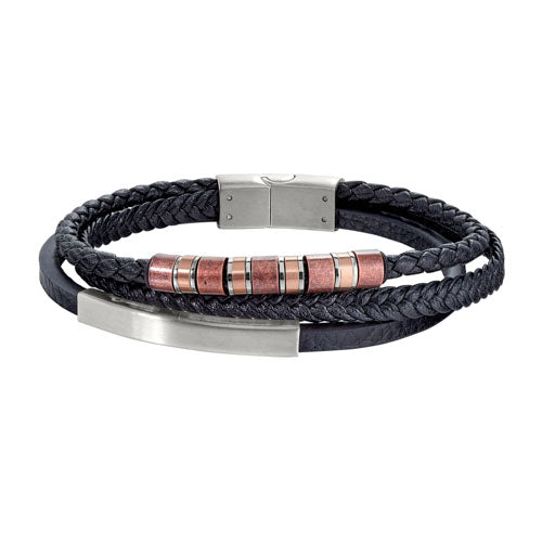 Leather 3 Cord Bracelet With Stainless Steel Bar And 2 Toned Gold Spiral