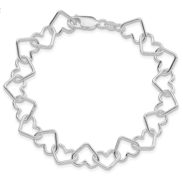 Sterling Silver Rhodium-plated Large Heart Link Bracelet (8 inches)