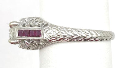 14KW Vintage Style Diamond & Ruby Engagement Ring