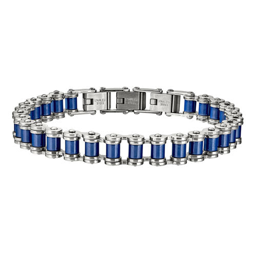 Blue And Silver Stainless Steel Biker Chain Bracelet