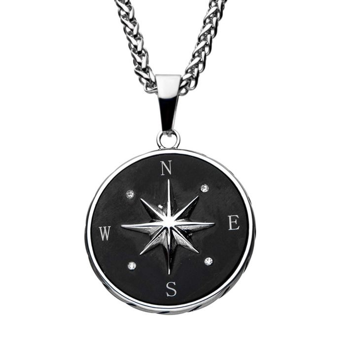 Men's Stainless Steel and Black Plated Compass Pendant with 24 inch Long Steel Wheat Chain.