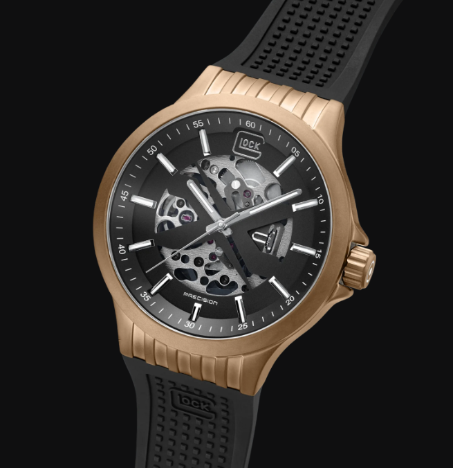 Gent's Khaki Steel Glock Watch with Black Skeleton Dial