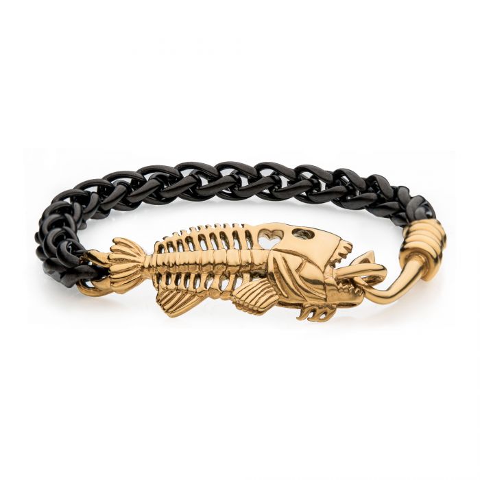 Black Stainless Steel Wheat Chain Bracelet with 18K Gold Plated Fishbone on Hook Clasp