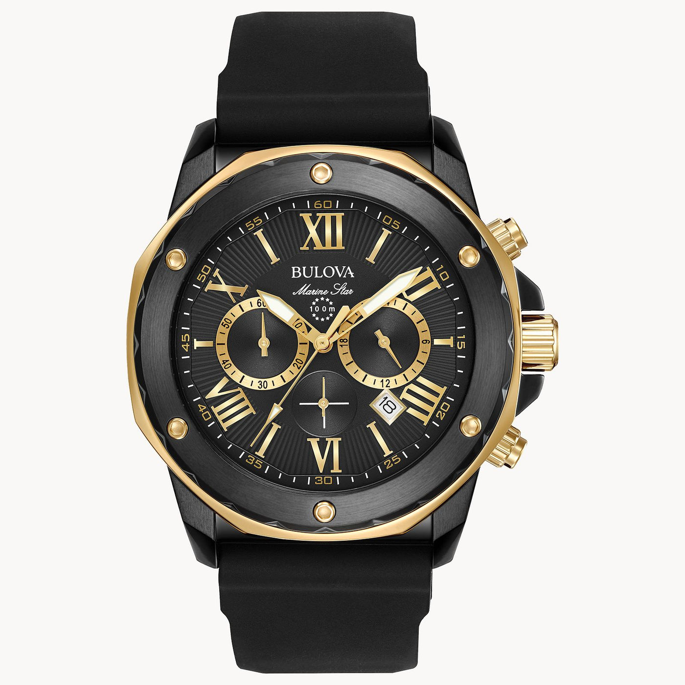 Gent's Black Tn Bulova "Marine Star" Watch with Black & Gold Dial & Black Rubber Strap