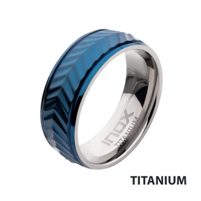 Blue IP Titanium Matte Finish Chevron Comfort Fit Ring, Sz 10.5