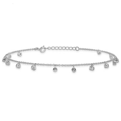 Sterling Silver Rhodium-Plated Anklet with Bezel CZ