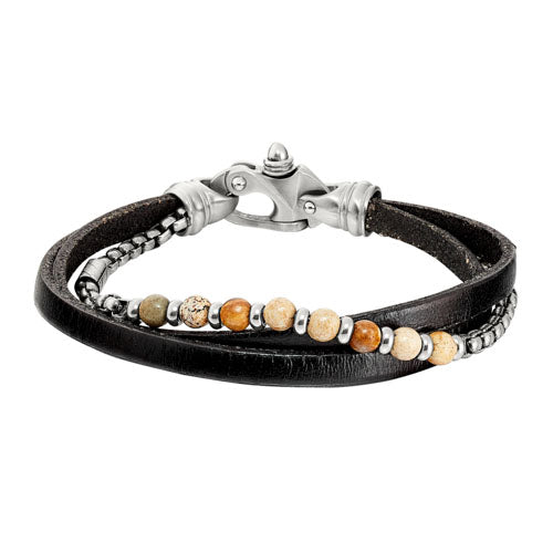 Black Leather 3 Cord Bracelet With Box Link Chain And Brown Beads