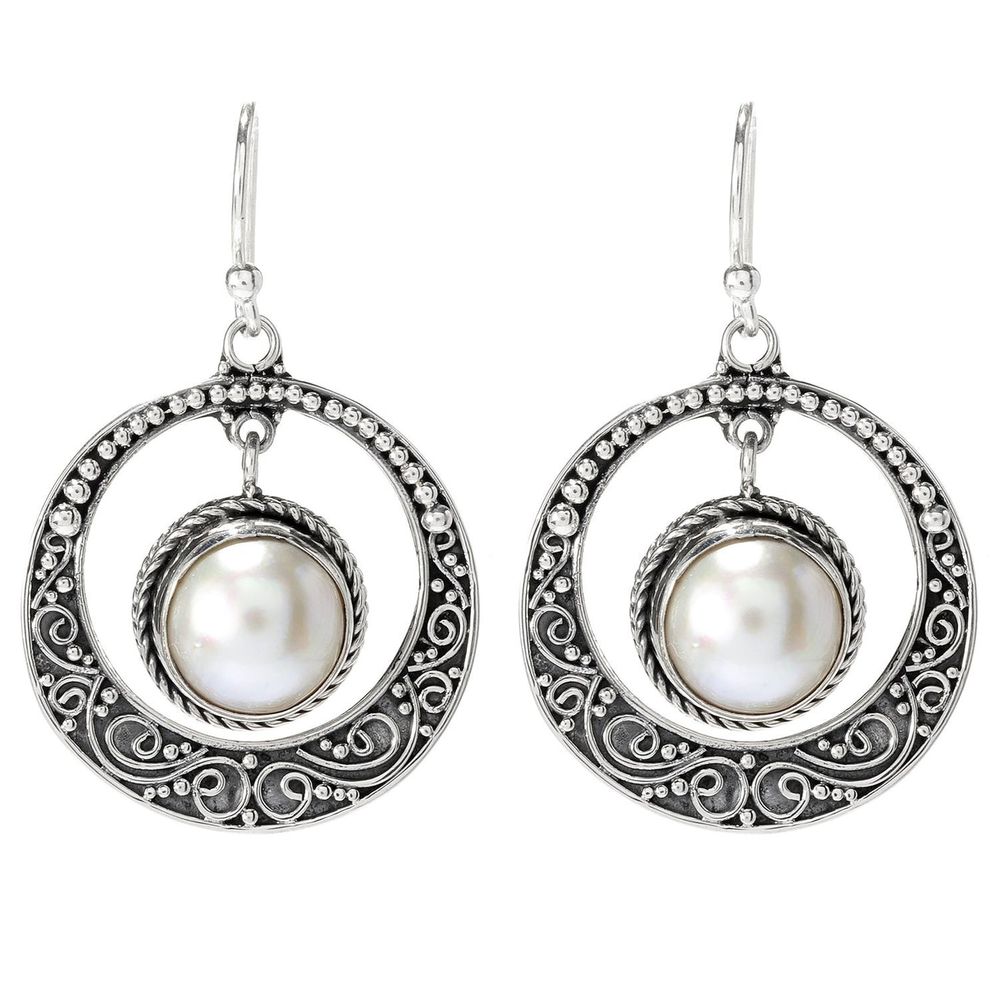 SS Round Dangling "Serra" Earrings With White Mabe Pearl