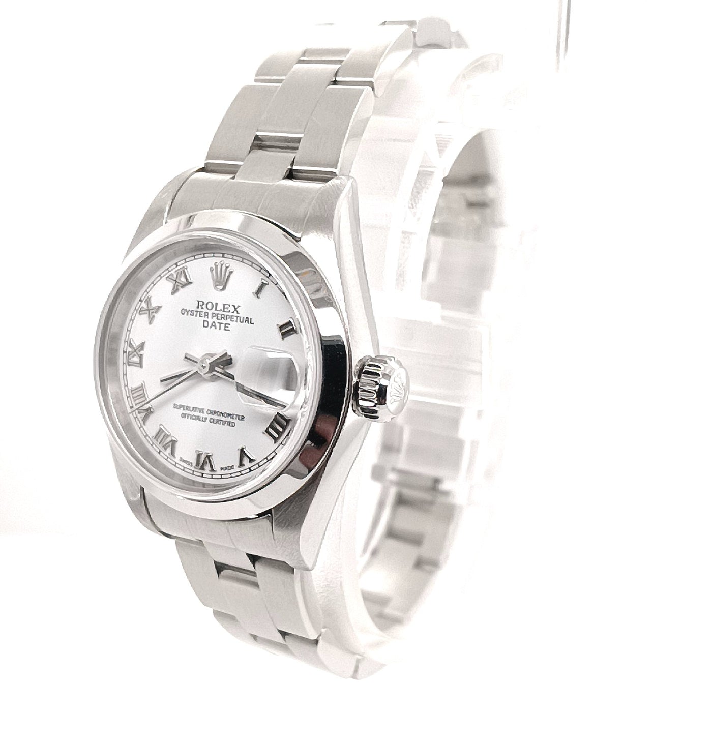 Lady's Stainless Pre-owned Rolex Date with White Roman Numeral Dial Circa: 2002