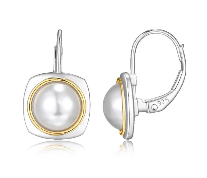 Sterling Silver ELLE "Aureole" Square Bezel White Shell Pearl Earrings (8mm)