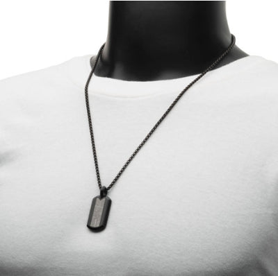 Black Ion-Plated StainleSS Steel Meteorite Inlay Dog Tag Pendant with Black IP Box Chain, 24"