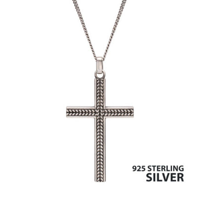 SS Chevron CroSS Pendant with Antiqued Finish Box Chain