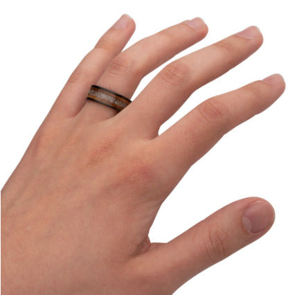 Black StainleSS Steel Deer Antler and Sapele Wood Inlay Comfort Fit Ring, Sz 10
