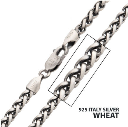 SS Black Rhodium Plated Satin Finish Wheat Chain, 22"