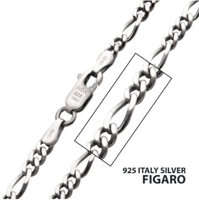 3.6mm SS Black Rhodium Plated Satin Finish Figaro Chain, 24"
