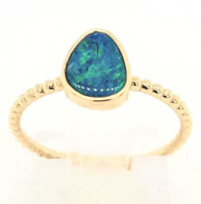 14K Yellow Gold Australian Opal Doublet Beaded Shank Ring