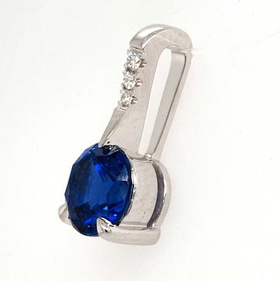 14K White Gold Round 1.13ct Chatham Blue Sapphire & Diamond Pendant