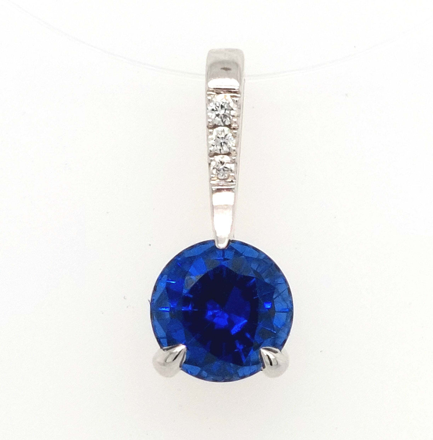 14K White Gold Round 1.13ct Chatham Blue Sapphire & Diamond Pendant