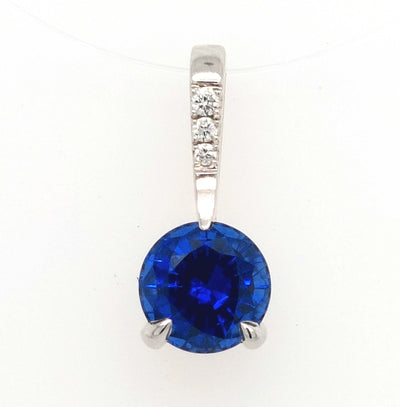 14K White Gold Round 1.13ct Chatham Blue Sapphire & Diamond Pendant