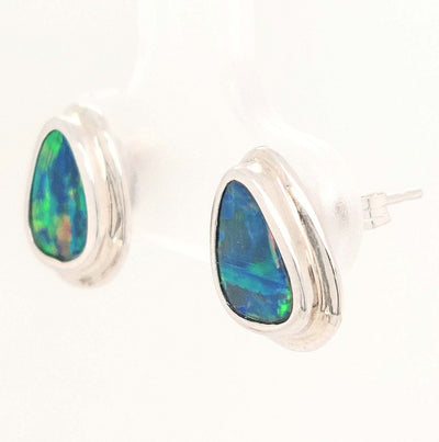 14K White Gold Australian Opal Doublet Wide Bezel Earring Pair