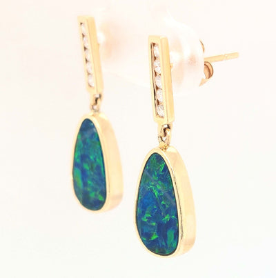 14K Yellow Gold Australian Opal Doublet & Diamond Dangle Earring Pair