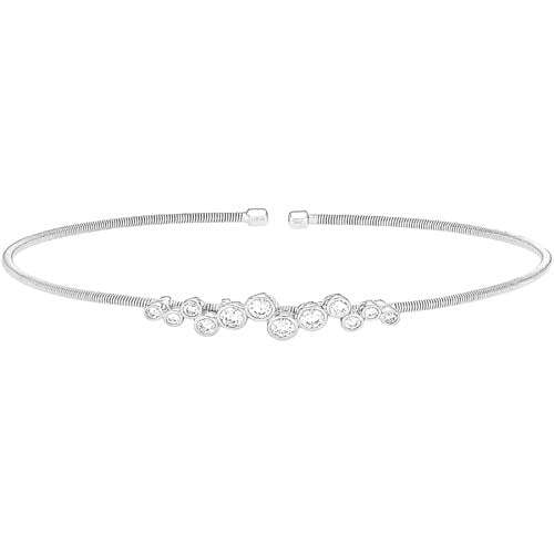 Rhodium Finish SS Cable Cuff Bracelet with Bubble Pattern Simulated Diamonds