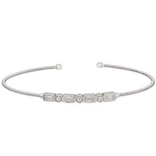 Rhodium Finish SS Cable Cuff Bracelet with Simulated Diamond Emerald & Round Design