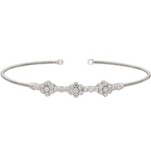 Rhodium Finish SS Cable Cuff Bracelet with Three Clusters of Simulated Diamonds