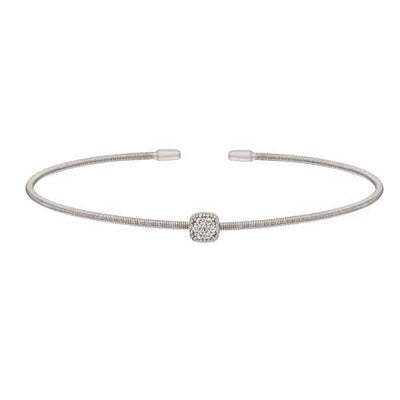 Rhodium Finish SS Single Cable Cuff Bracelet with Rhodium Finish Simulated Diamonds