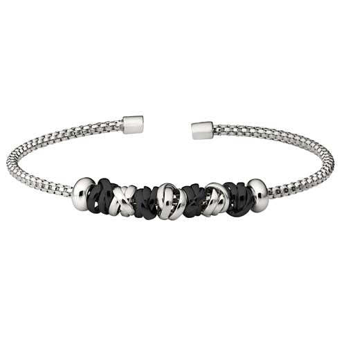 Rhodium Finish SS Rounded Box Link Cuff Bracelet with Rhodium and Black Rhodium Finish Interlocked Rings