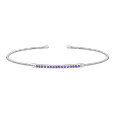 Rhodium Finish SS Cable Cuff Bracelet with Simulated Amethyst Birth Gems - February