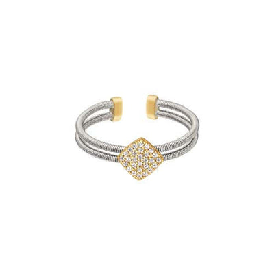 Rhodium Finish SS Two Cable Cuff Ring with Gold Finish Simulated Diamond Large Diamond Shape Size:5
