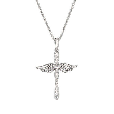 Platinum Finish SS Micropave CroSS with Black Rhodium Angel Wings on 16" - 18" Adjustable Chain