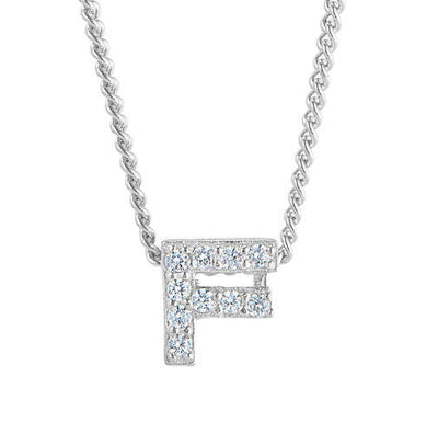 Platinum Finish SS Micropave F Initial Pendant with Simulated Diamonds on 18" Curb Chain