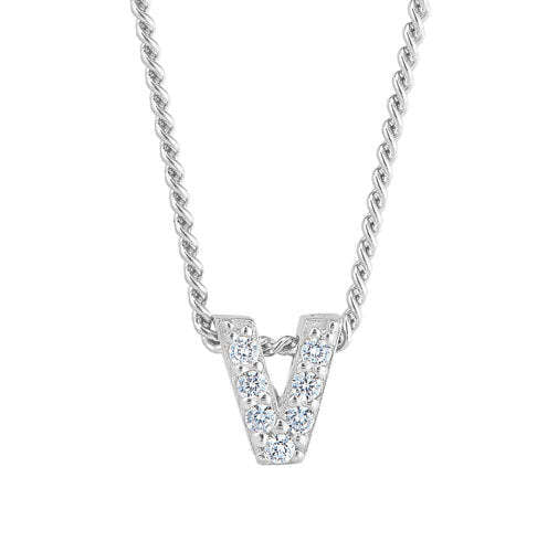 Platinum Finish SS Micropave V Initial Pendant with Simulated Diamonds on 18" Curb Chain